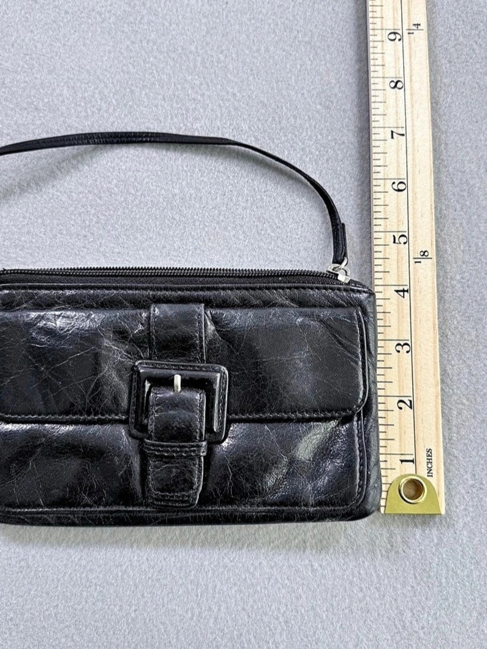 HOBO International Black Leather Wristlet Clutch Buckle Flap